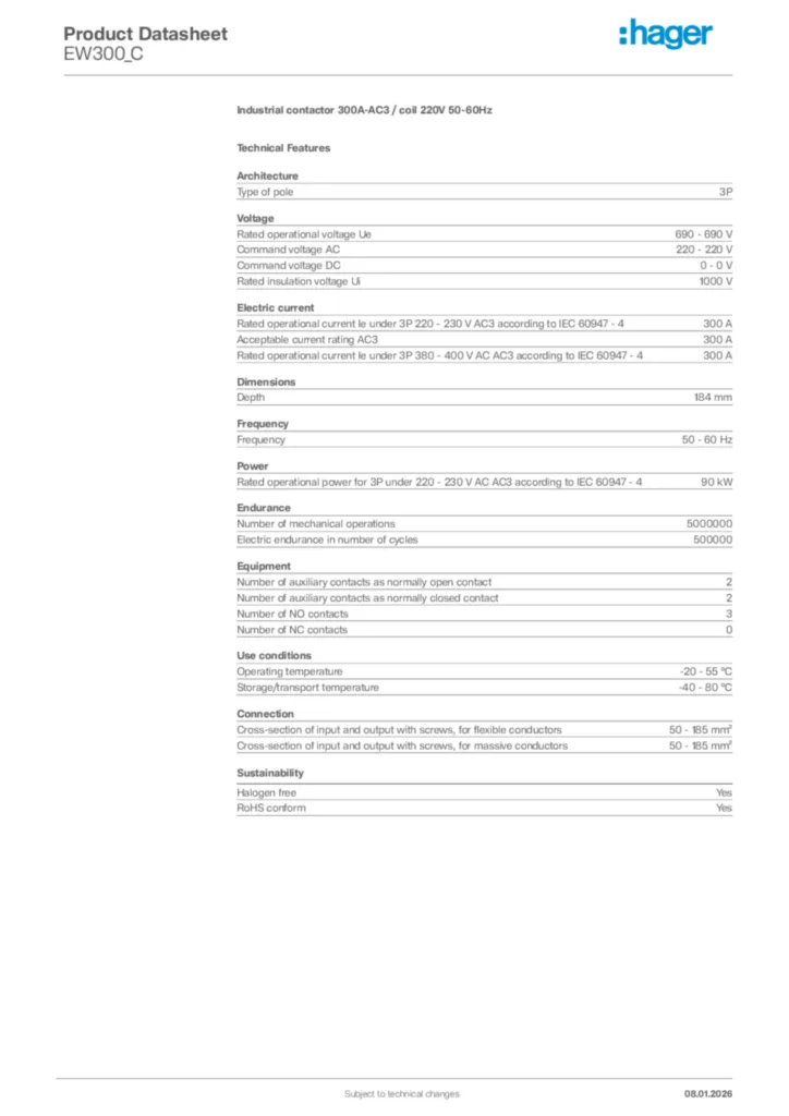 Image Hager Product data sheet EW300_C  | Hager