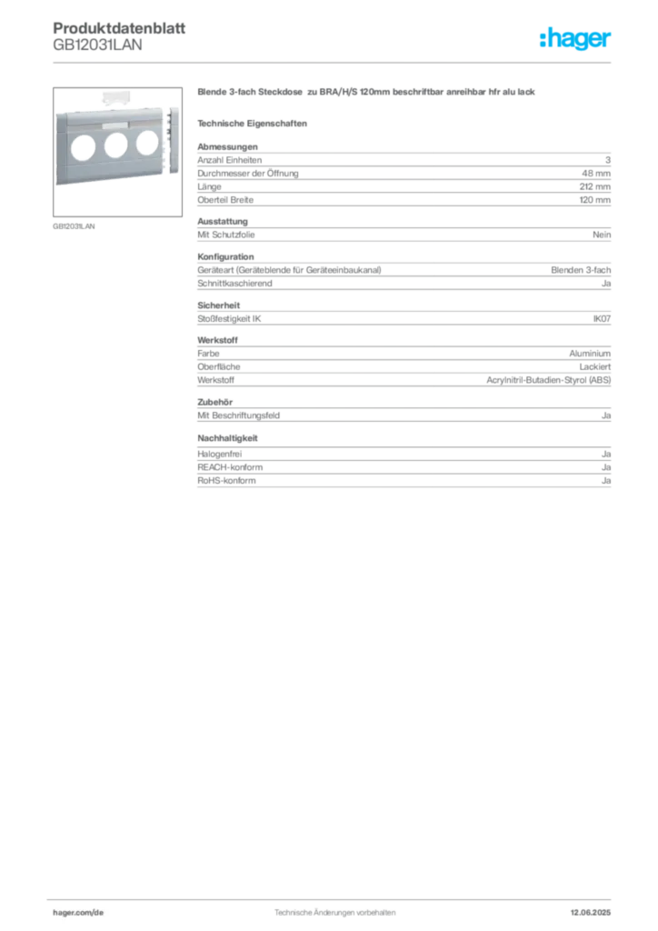 Bild Hager Produktdatenblatt GB12031LAN | Hager Deutschland