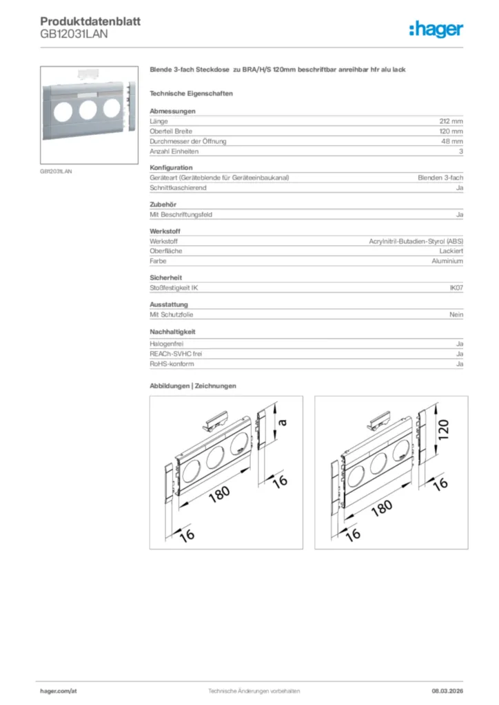 Bild Hager Produktdatenblatt GB12031LAN | Hager Deutschland