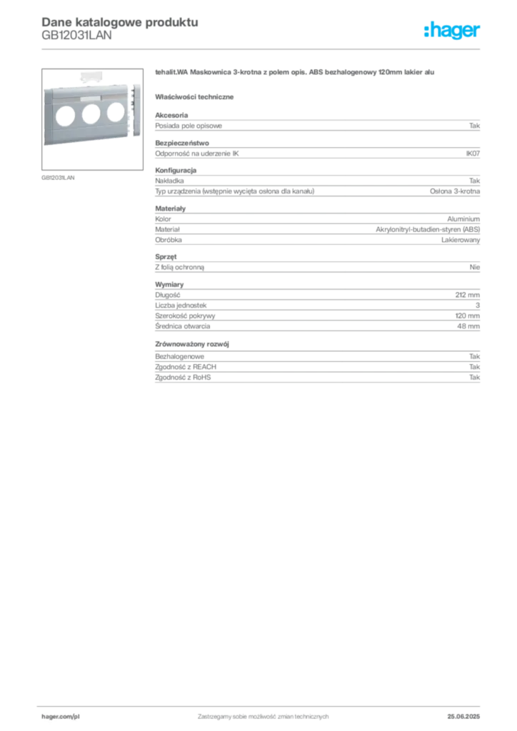 Zdjęcie Hager Karta katalogowa GB12031LAN | Hager Polska