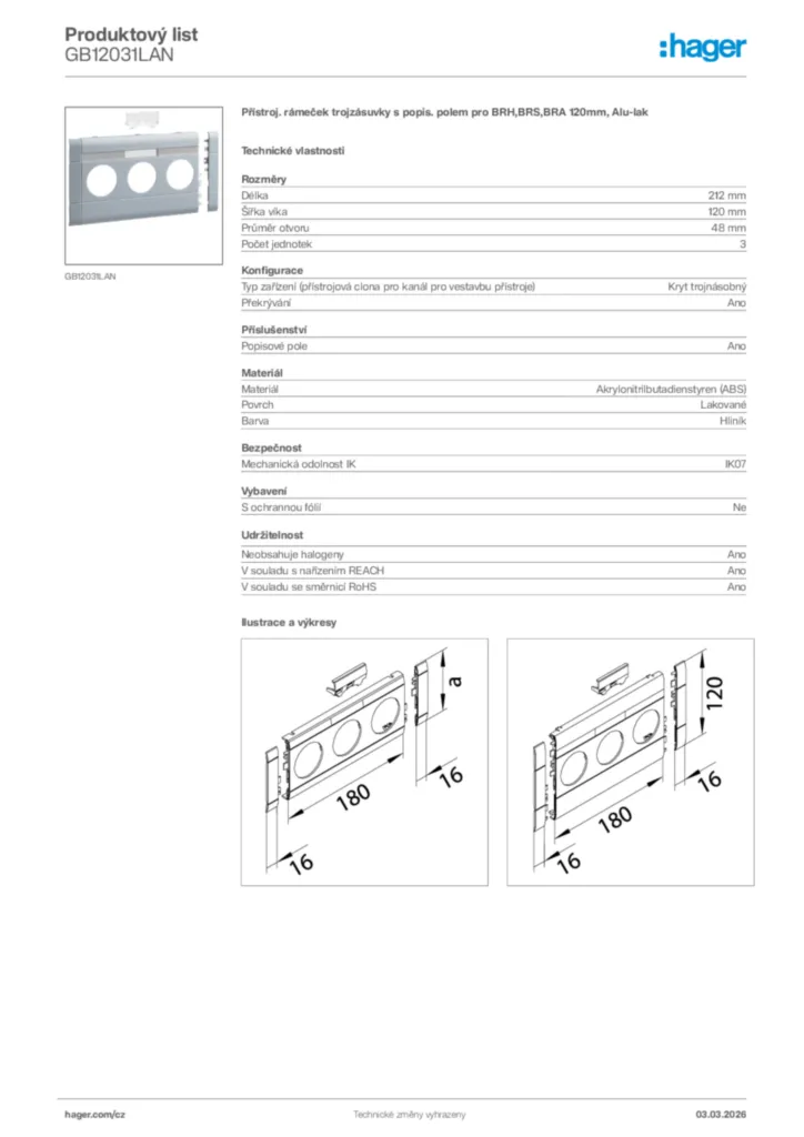 Obrázek Hager Product data sheet GB12031LAN | Hager