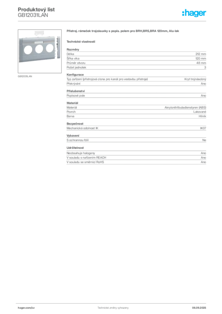 Obrázek Hager Produktový list GB12031LAN | Hager