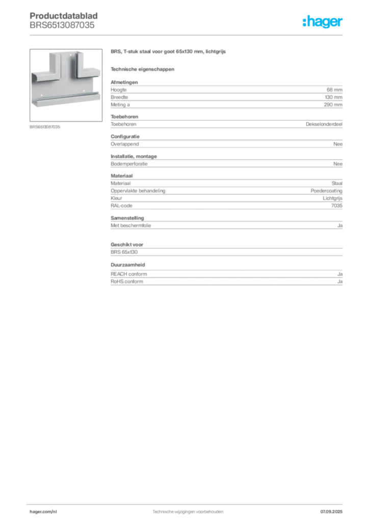 Afbeelding Hager Productdatablad BRS6513087035 | Hager Nederland