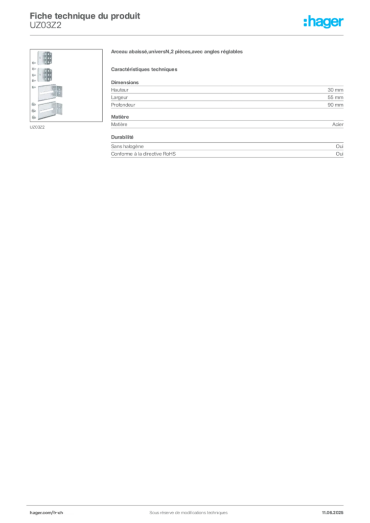 Image Hager Fiche technique du produit UZ03Z2 | Hager Suisse