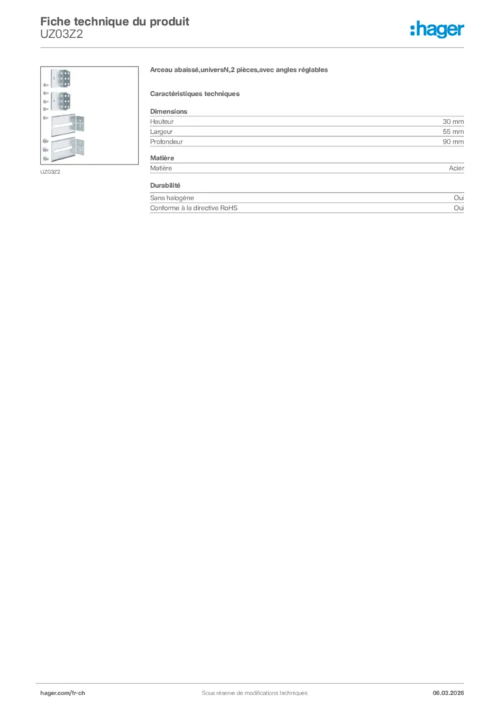 Image Hager Fiche technique du produit UZ03Z2 | Hager Suisse
