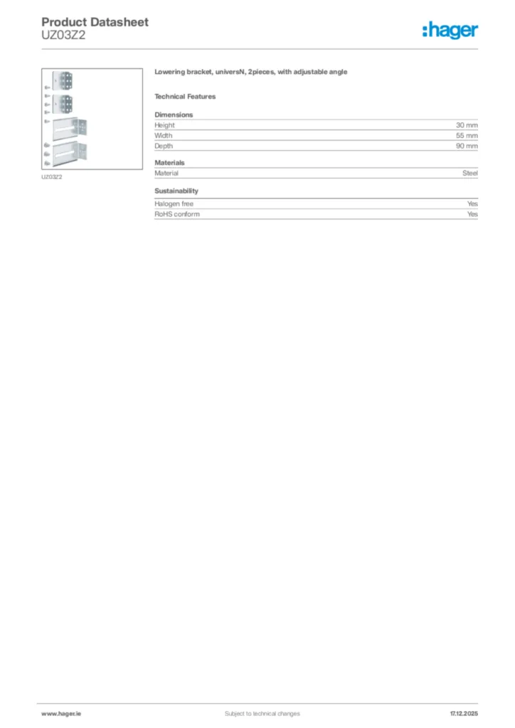 Image Hager Product data sheet UZ03Z2  | Hager