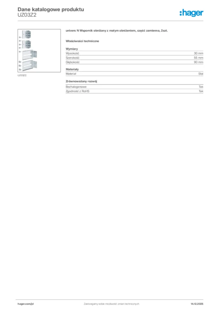 Zdjęcie Hager Karta katalogowa UZ03Z2 | Hager Polska