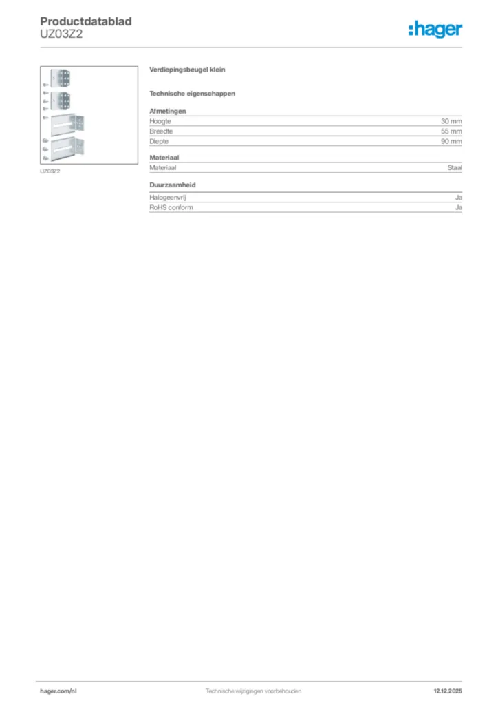 Afbeelding Hager Productdatablad UZ03Z2 | Hager Nederland