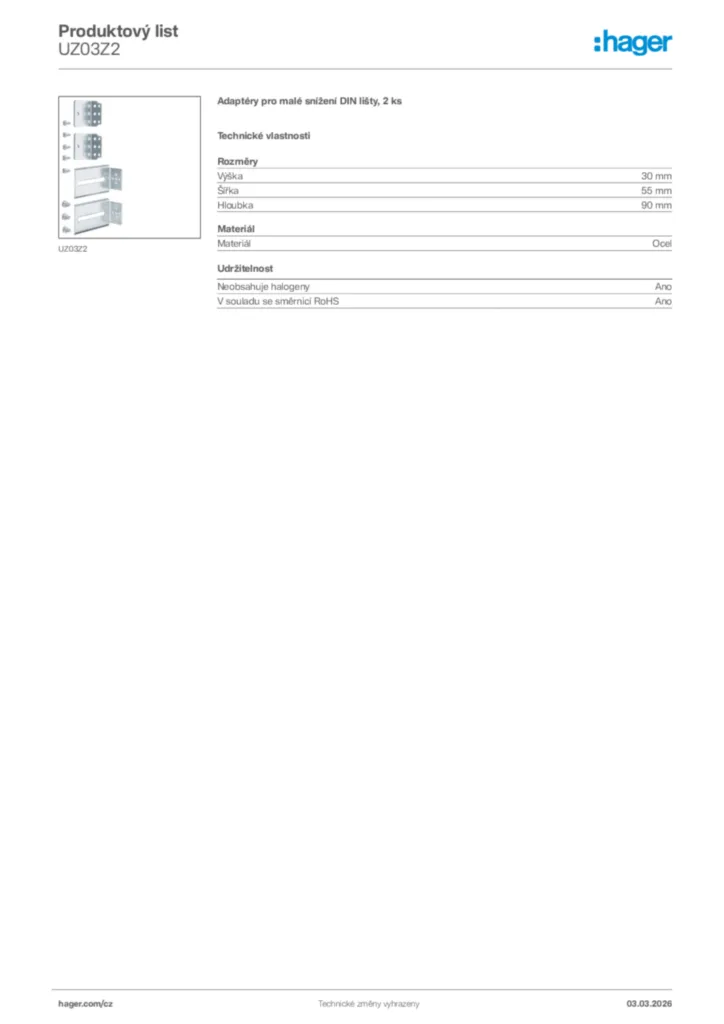 Obrázek Hager Product data sheet UZ03Z2 | Hager