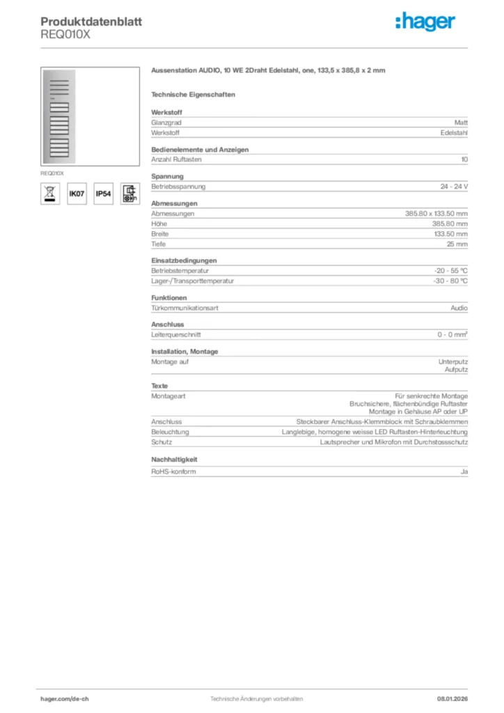 Bild Hager Produktdatenblatt REQ010X | Hager Schweiz