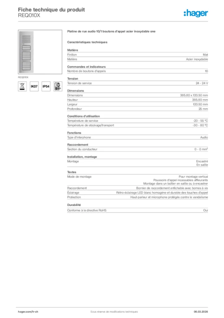 Image Hager Fiche technique du produit REQ010X | Hager Suisse