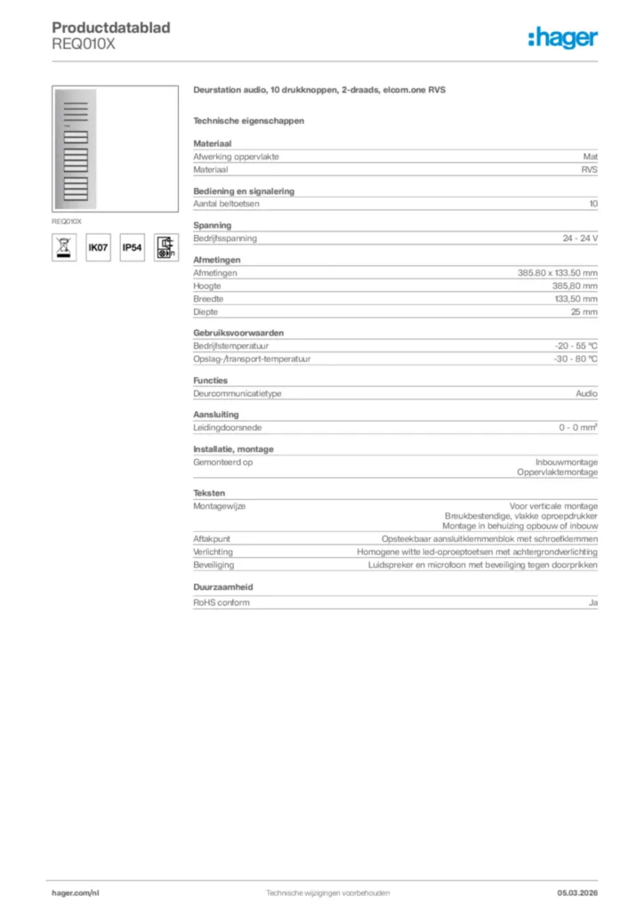 Afbeelding Hager Productdatablad REQ010X | Hager Nederland