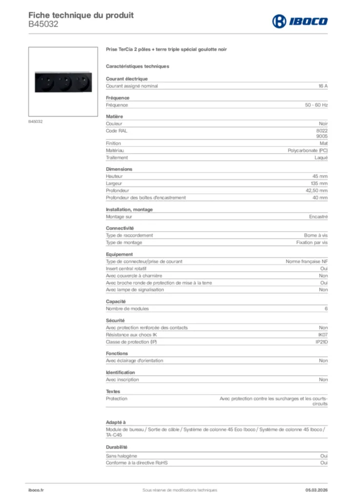 Image Iboco Fiche technique du produit B45032 | Hager France