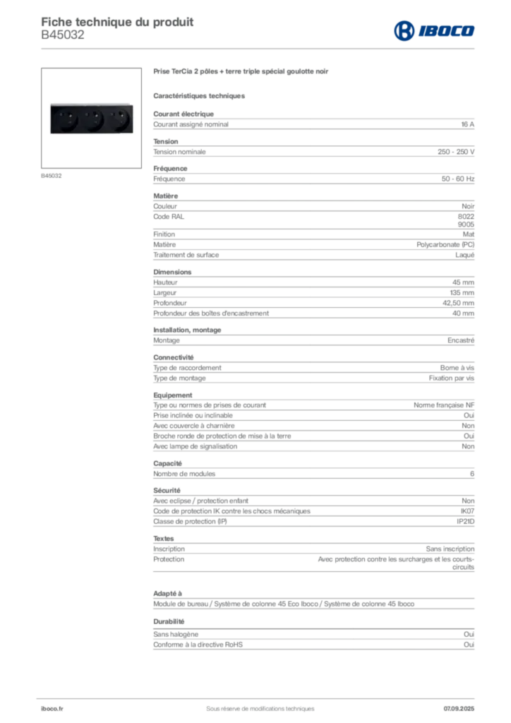 Image Iboco Fiche technique du produit B45032 | Hager France