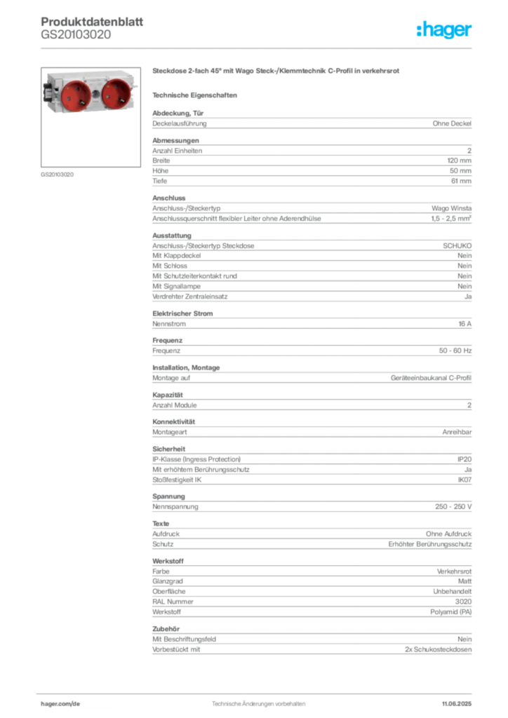 Bild Hager Produktdatenblatt GS20103020 | Hager Deutschland