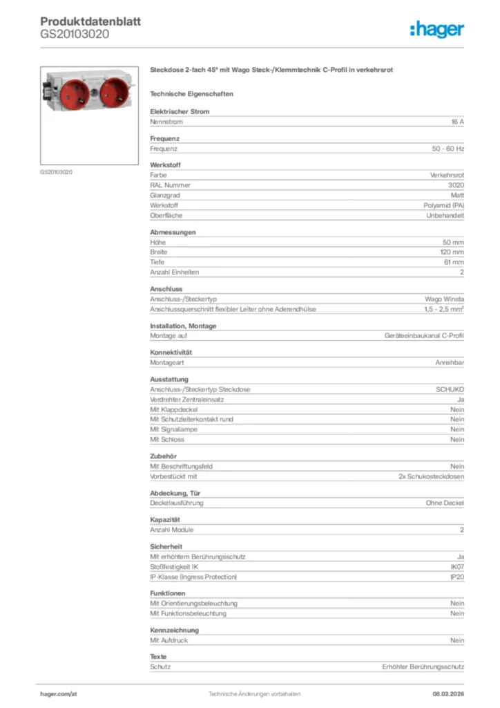 Bild Hager Produktdatenblatt GS20103020 | Hager Deutschland