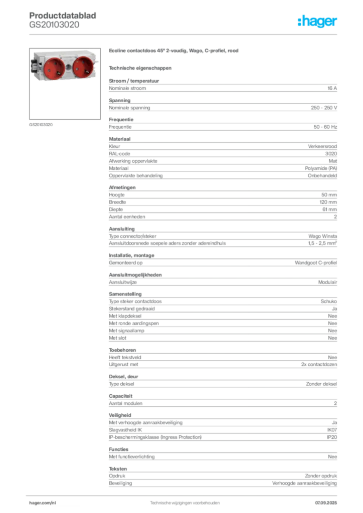 Afbeelding Hager Productdatablad GS20103020 | Hager Nederland