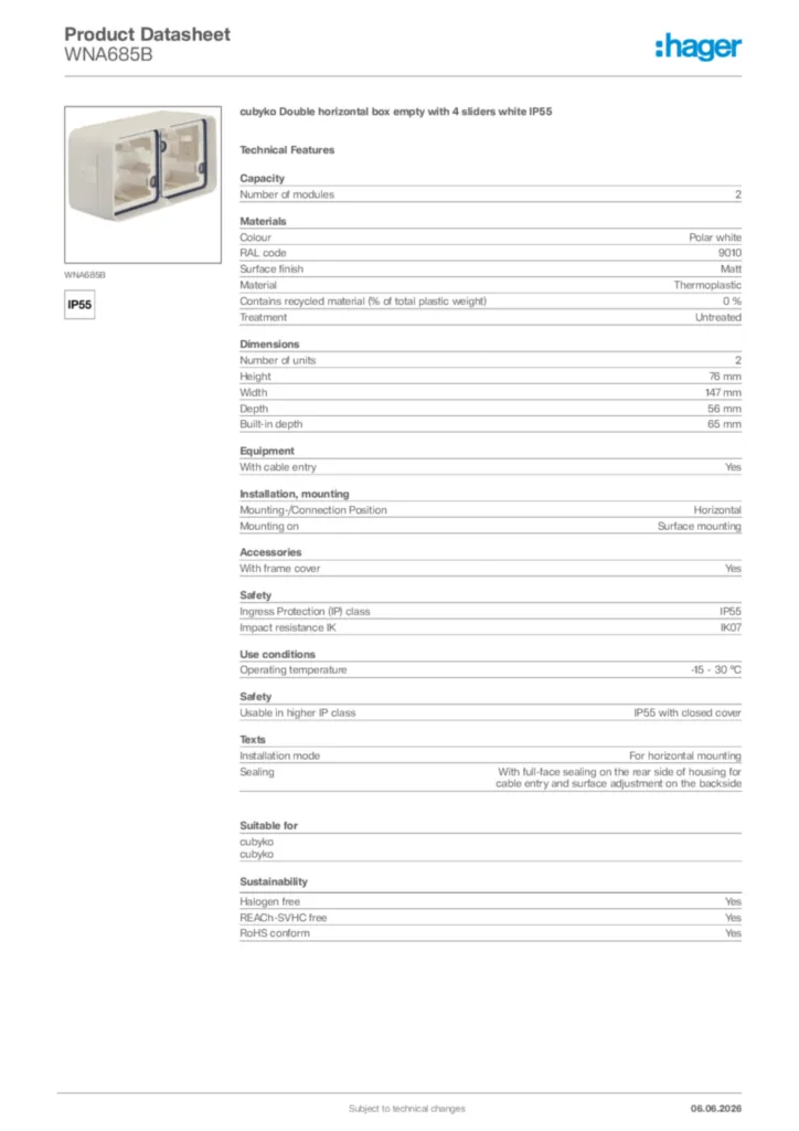 Image Hager Product data sheet WNA685B  | Hager Africa