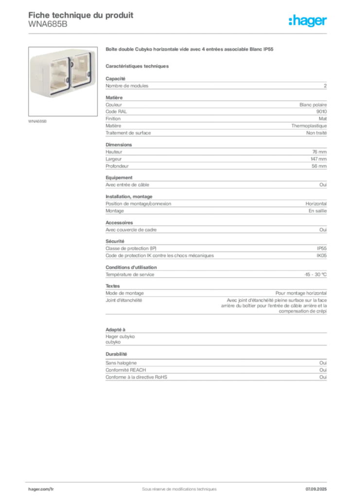 Image Hager Fiche technique du produit WNA685B | Hager France