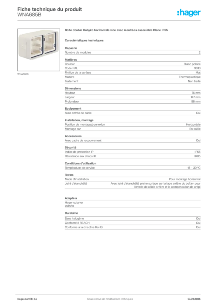 Image Hager Fiche technique du produit WNA685B | Hager Belgique