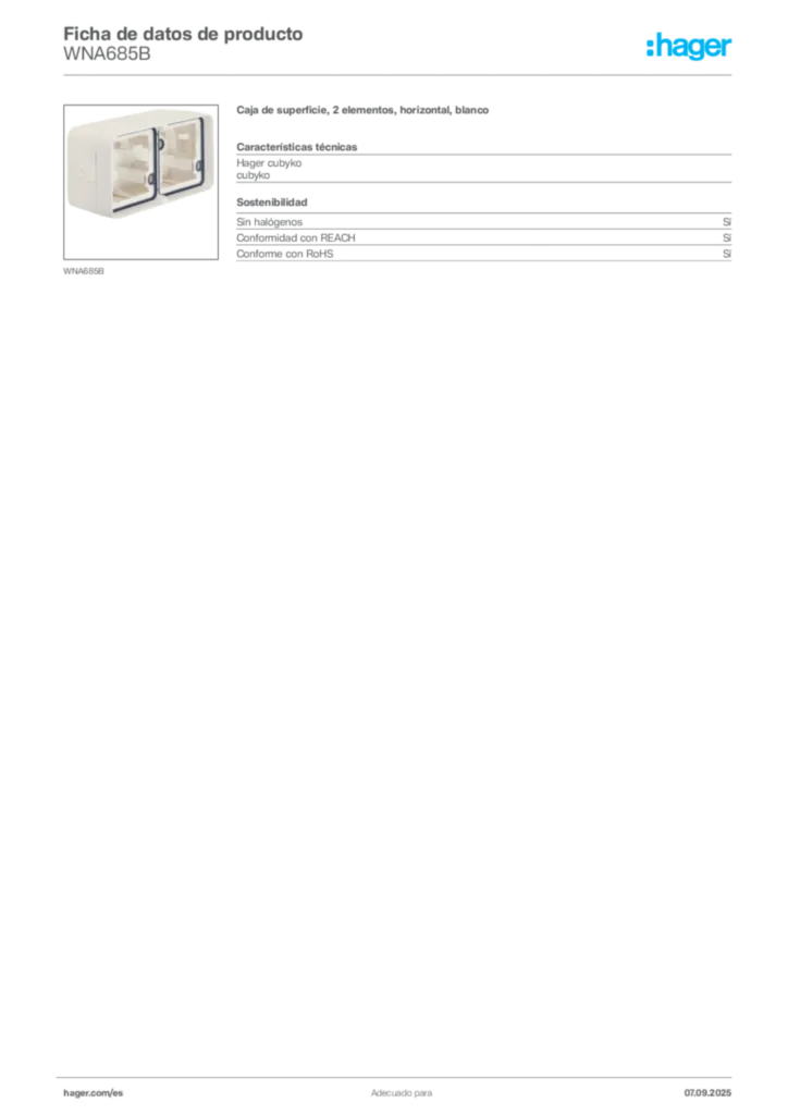 Imagen Hager Ficha de datos de producto WNA685B | Hager España