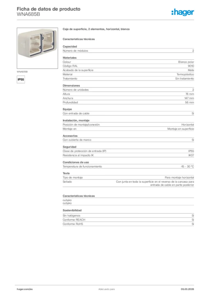 Imagen Hager Ficha de datos de producto WNA685B | Hager España