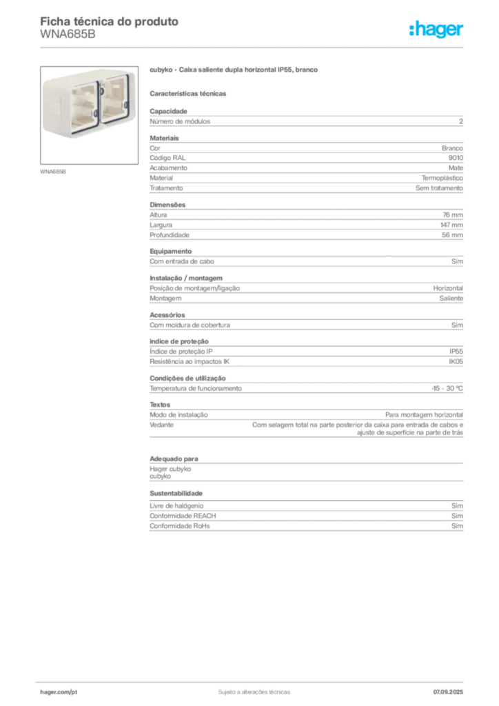 Imagem Hager Ficha técnica do produto WNA685B | Hager Portugal