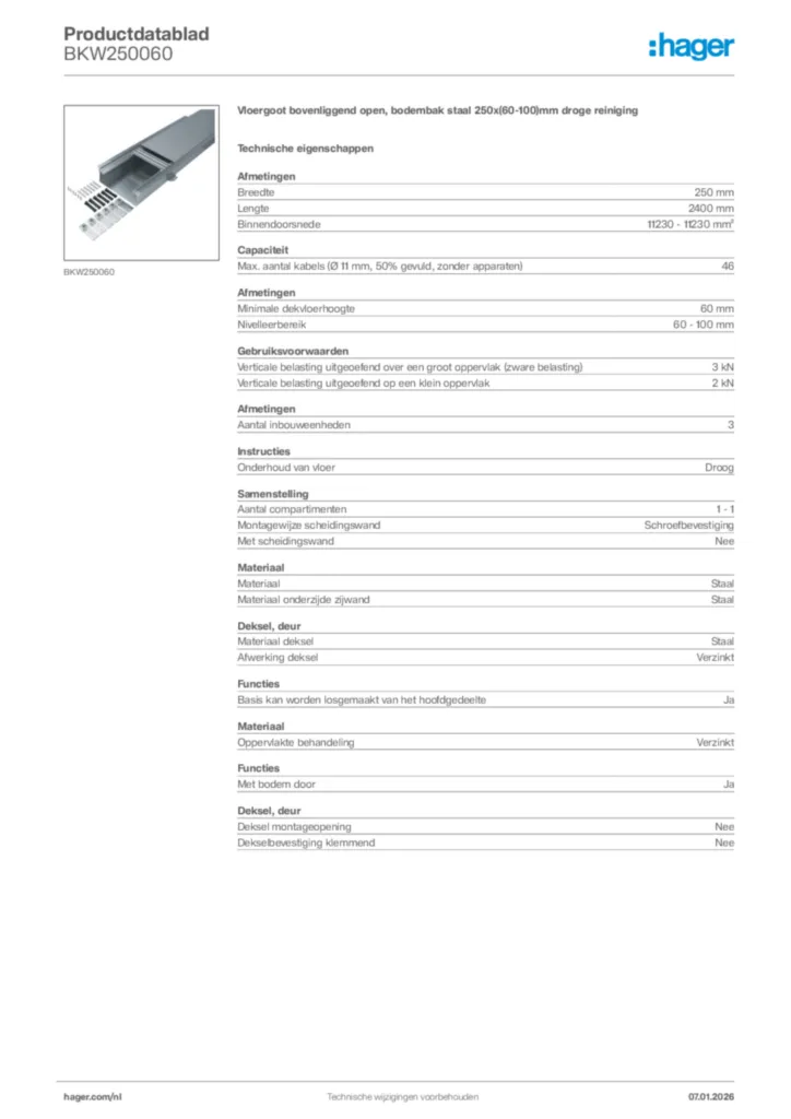 Afbeelding Hager Productdatablad BKW250060 | Hager Nederland