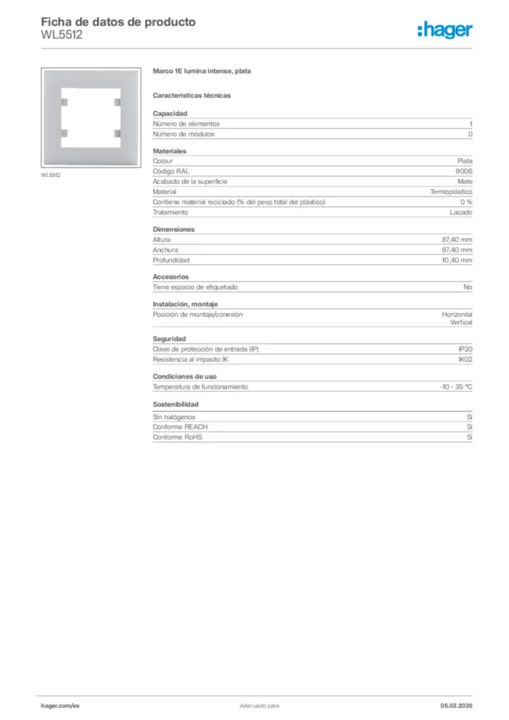 Imagen Hager Ficha de datos de producto WL5512 | Hager España