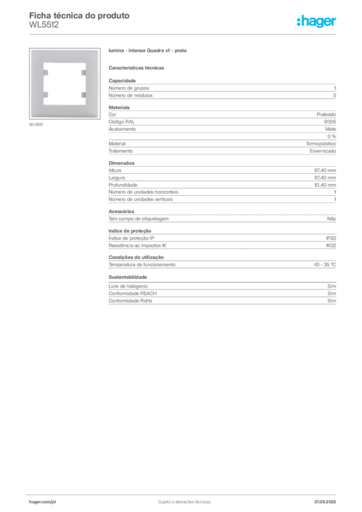 Imagem Hager Ficha técnica do produto WL5512 | Hager Portugal