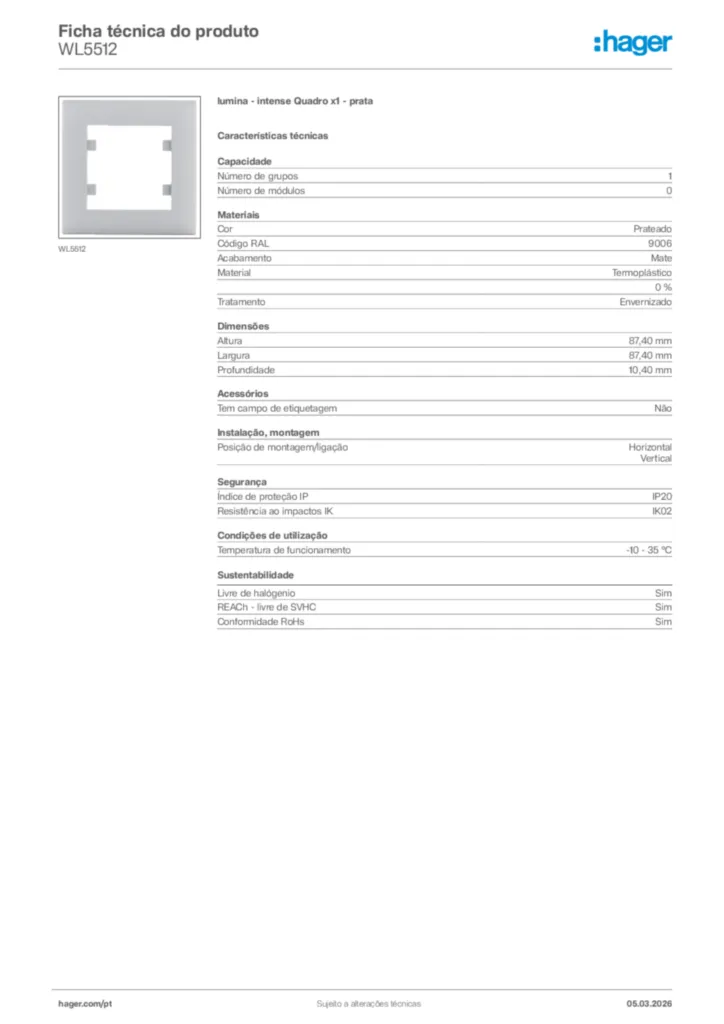Imagem Hager Ficha técnica do produto WL5512 | Hager Portugal