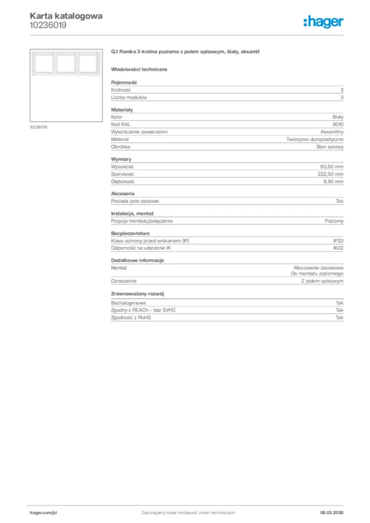 Zdjęcie Hager Karta katalogowa 10236019 | Hager Polska