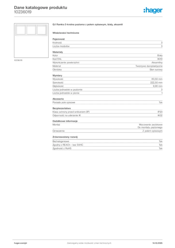 Zdjęcie Hager Karta katalogowa 10236019 | Hager Polska