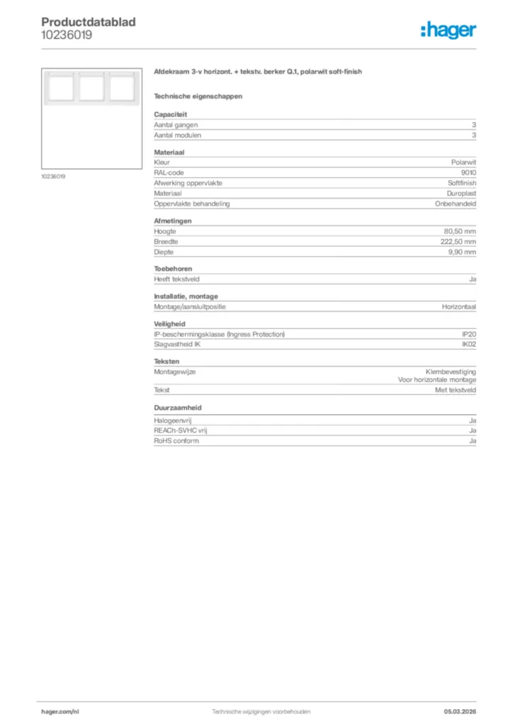 Afbeelding Hager Productdatablad 10236019 | Hager Nederland