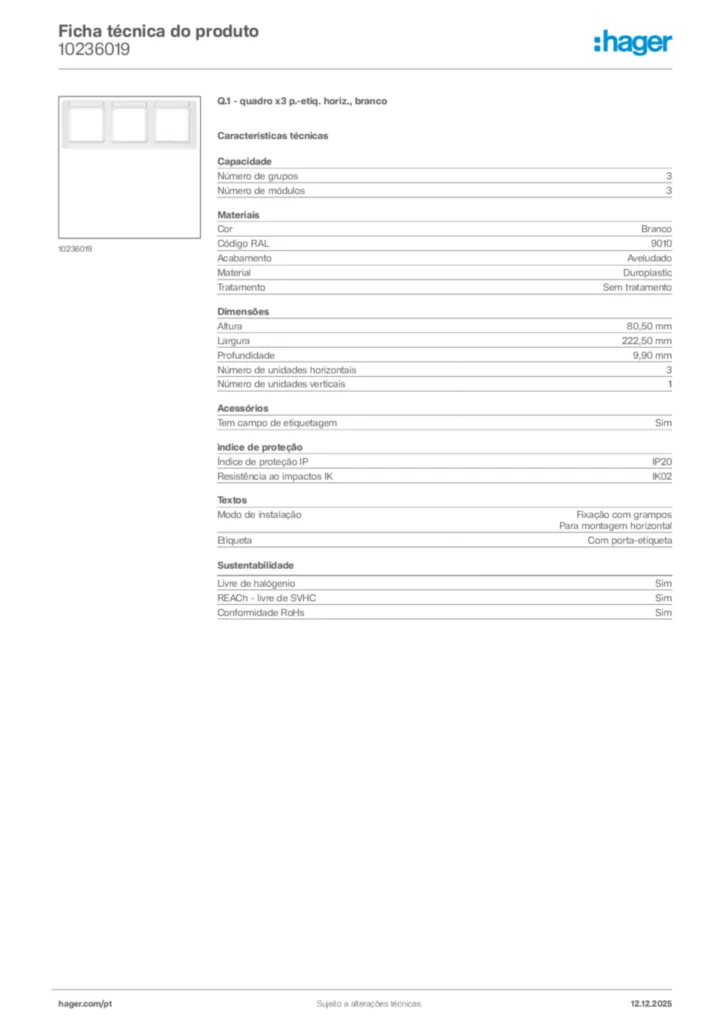 Imagem Hager Ficha técnica do produto 10236019 | Hager Portugal