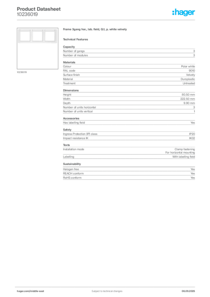 Image Hager Product data sheet 10236019  | Hager