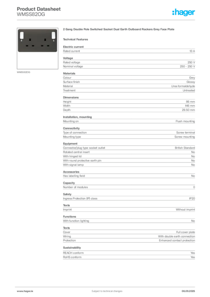 Image Hager Product data sheet WMSS82OG  | Hager