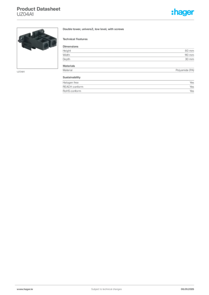 Image Hager Product data sheet UZ04A1  | Hager