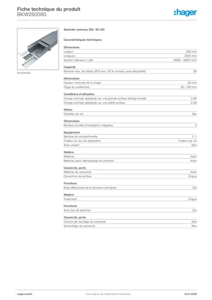 Image Hager Fiche technique du produit BKW250080 | Hager France