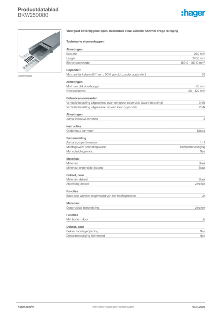 Afbeelding Hager Productdatablad BKW250080 | Hager Nederland