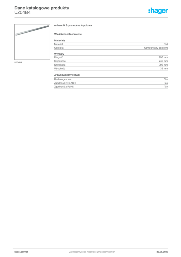 Zdjęcie Hager Karta katalogowa UZ04B4 | Hager Polska