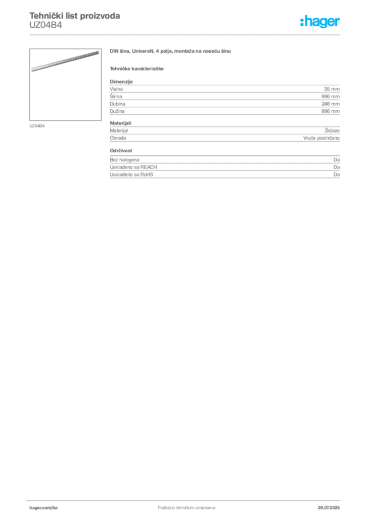 Slika Hager Product data sheet UZ04B4  | Hager