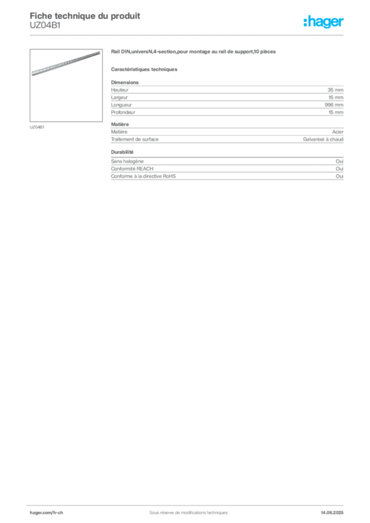 Image Hager Fiche technique du produit UZ04B1 | Hager Suisse