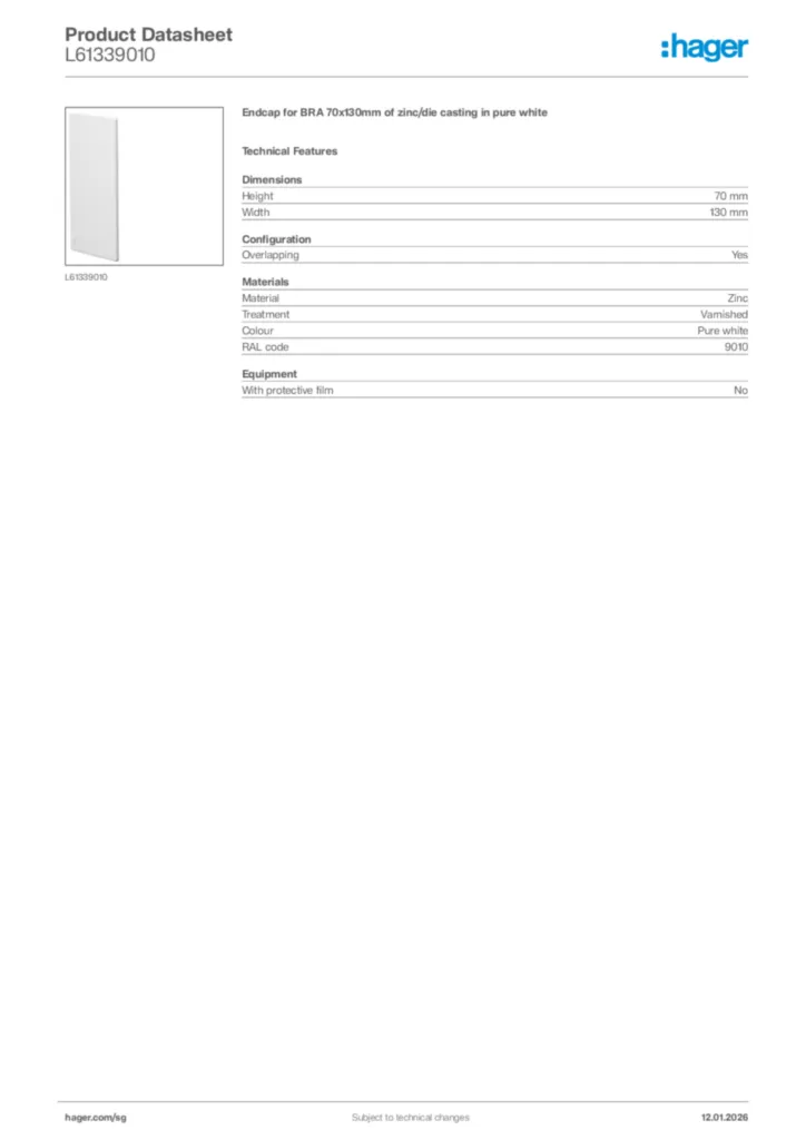 Image Hager Product data sheet L61339010  | Hager