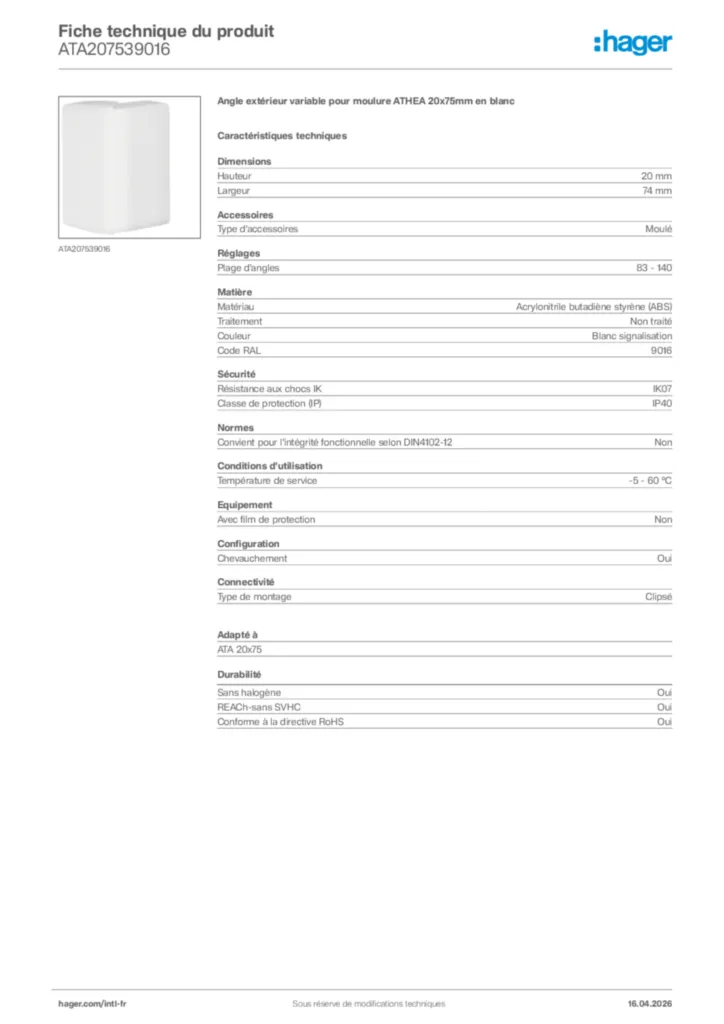Image Hager Fiche technique du produit ATA207539016 | Hager Afrique