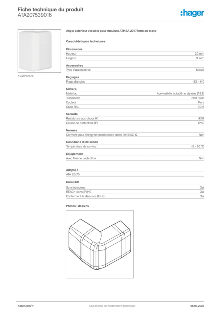 Image Hager Fiche technique du produit ATA207539016 | Hager France
