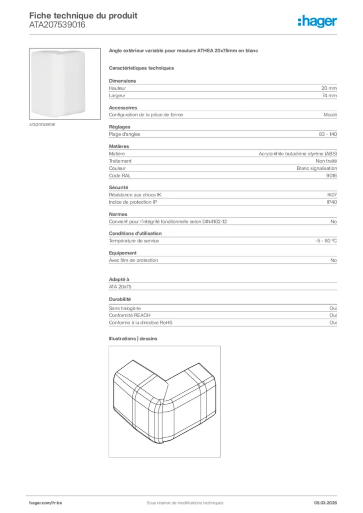 Image Hager Fiche technique du produit ATA207539016 | Hager Belgique