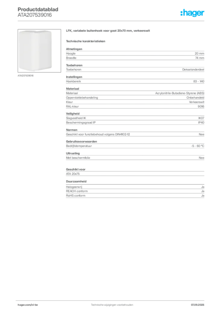 Afbeelding Hager Productdatablad ATA207539016 | Hager Belgium
