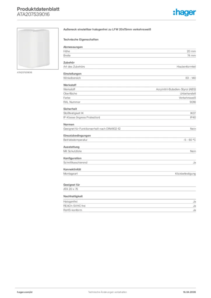 Bild Hager Produktdatenblatt ATA207539016 | Hager Deutschland