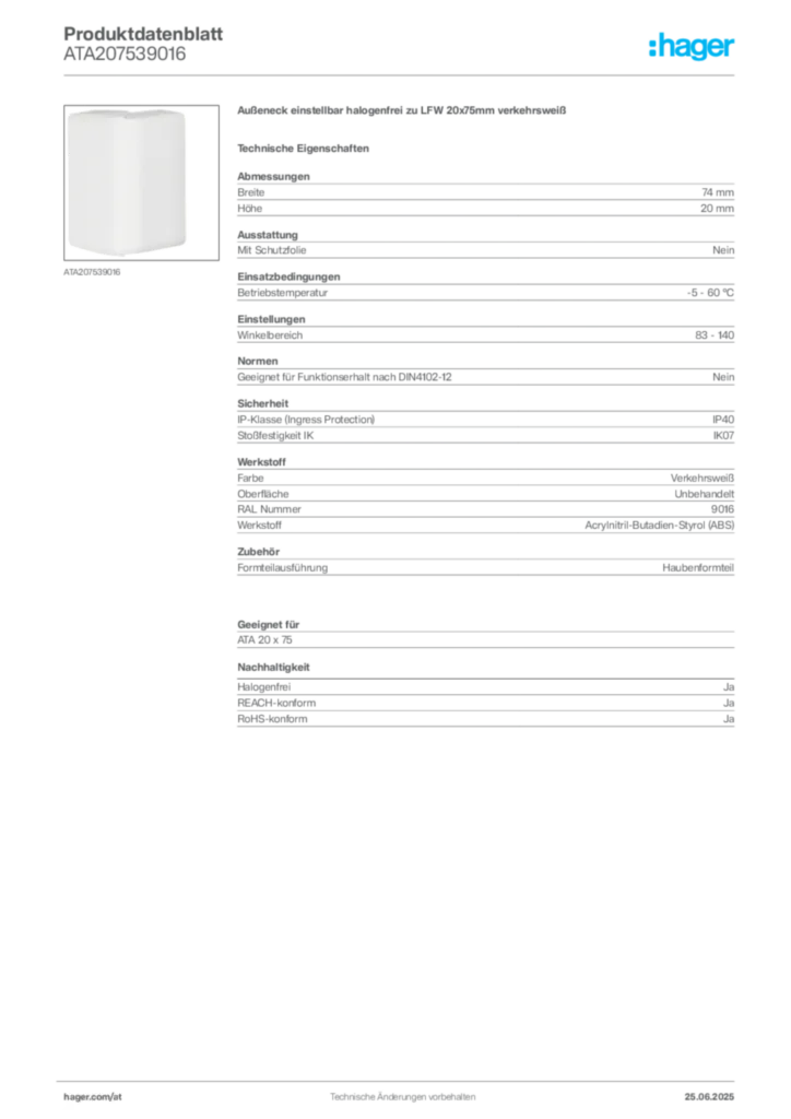 Bild Hager Produktdatenblatt ATA207539016 | Hager Deutschland